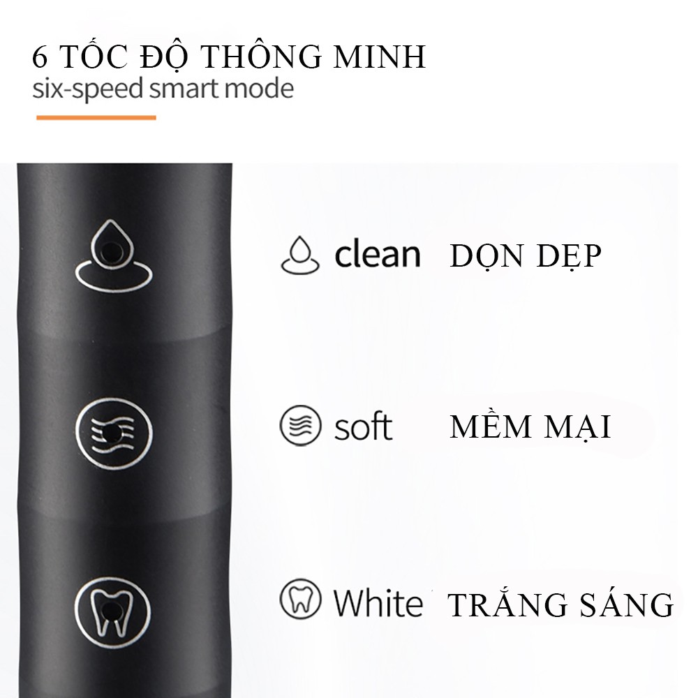 Bàn chải đánh răng, bàn chải đánh răng điện Sonic với 6 chế độ làm sạch chống thấm nước sạc USB Tặng kèm 3 đầu bàn chải