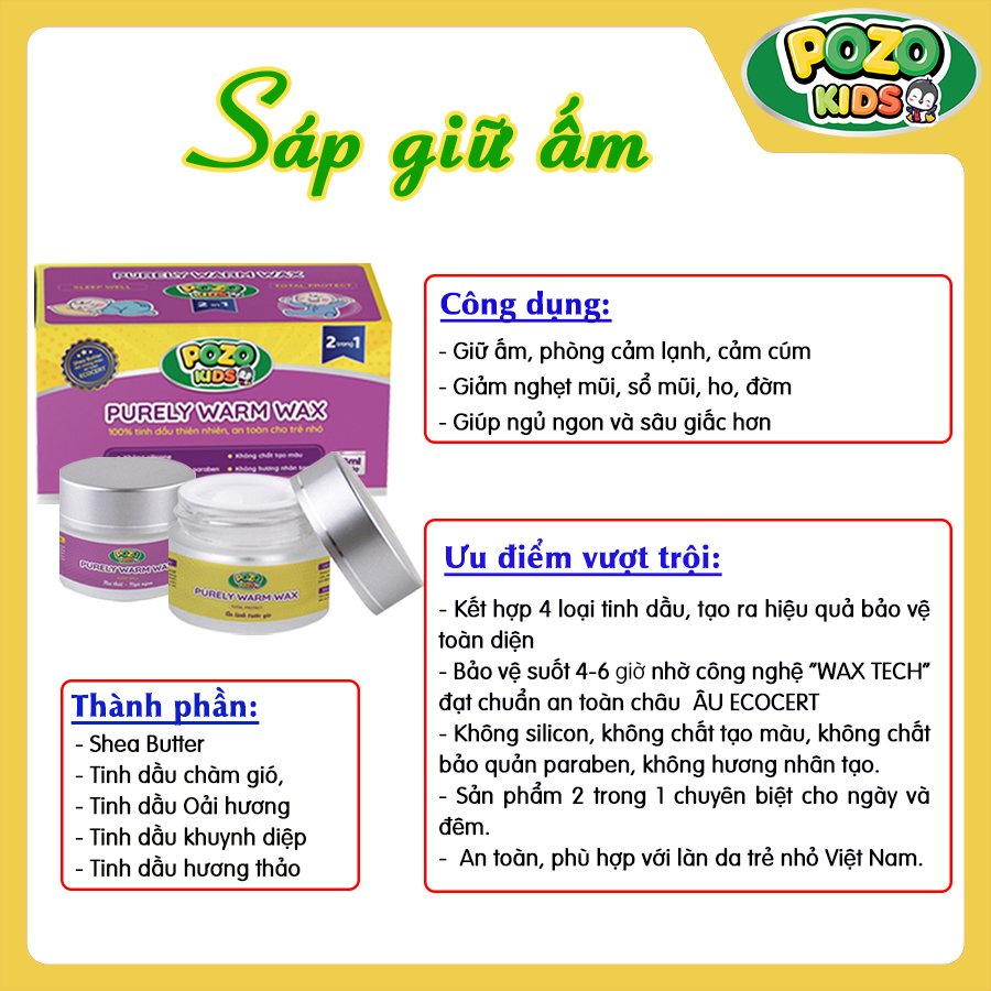 Sáp giữ ấm POZOKID, giúp bé đỡ ho, ngạt mũi, bé nằm điều hoà và đỡ đau bụng lạnh
