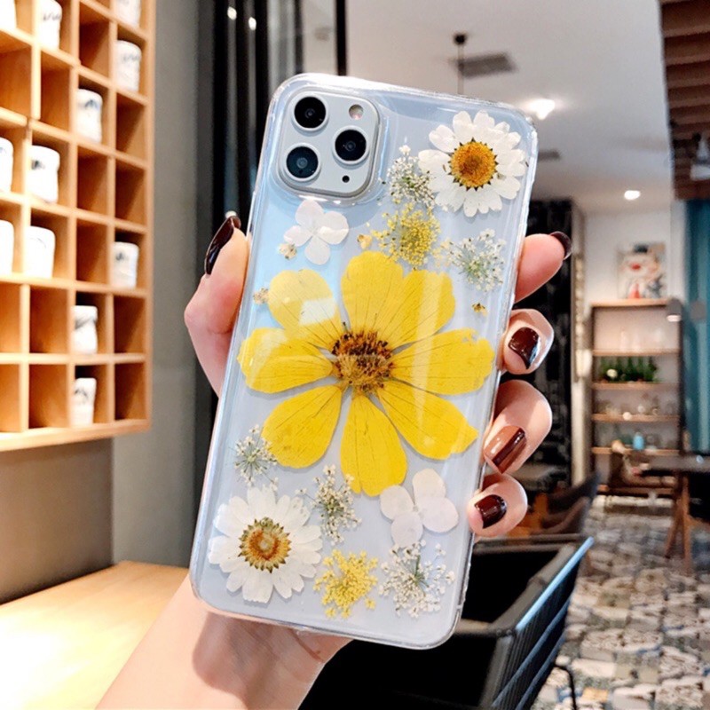 Ốp ép hoa khô thật - Ốp dẻo trong phối hoa vàng dành cho iPhone 6plus và 6splus