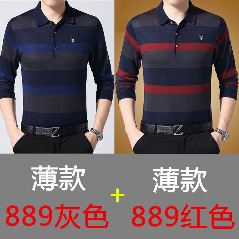 ❇∈♫ Mùa xuân và thu tuổi trung niên Cotton Long Sleeve T-Shire Lapel... áo thun của người cha cỡ lớn