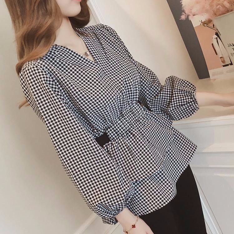 Áo sơ mi nữ BH tay dài cổ chữ V họa tiết caro phong cách Hàn Quốc