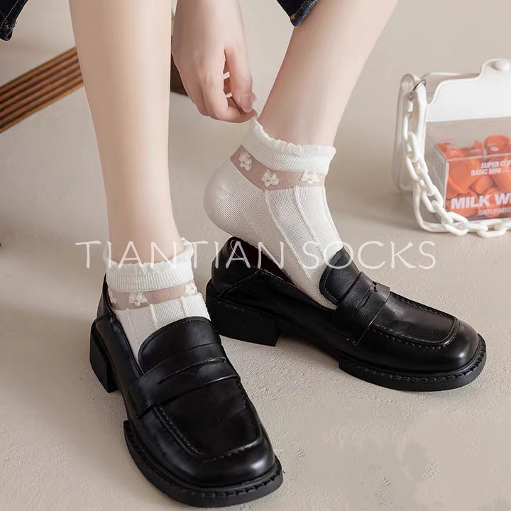 TIAN TIAN T180 Vớ Cổ Thuyền Bằng Lụa Xuyên Thấu Mỏng Màu Trắng Phối Ren Đính Nơ Dễ Thương Phong Cách Nhật Bản Thời Trang Mùa Hè Cho Nữ