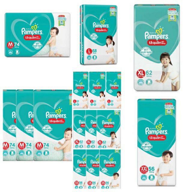 [MẪU MỚI] Tã quần Pampers giữ dáng size M60/L54/XL48/M74_L68_XL62_XXL56 miếng