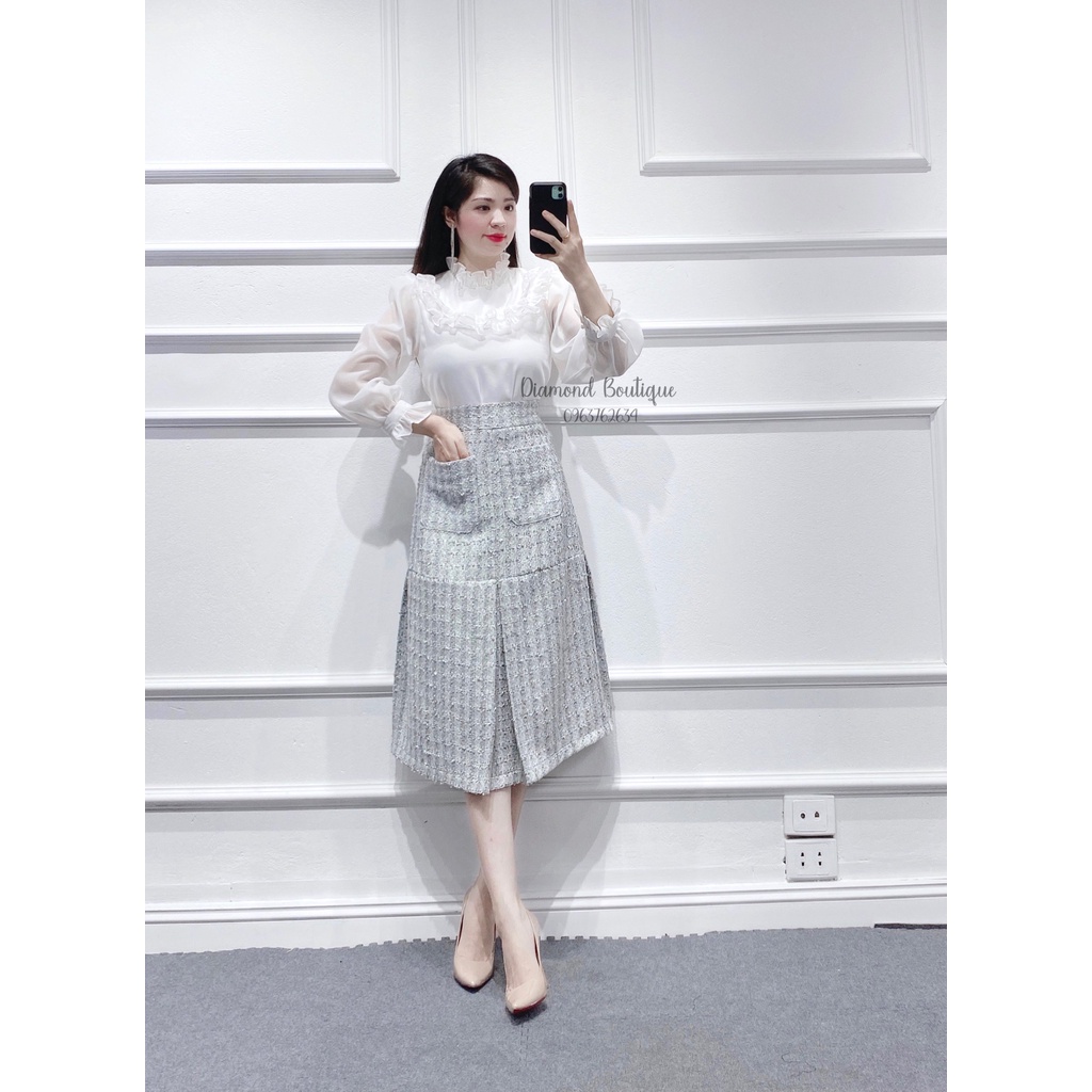 Chân Váy Dạ TWEED CAO CẤP LÓT LỤA BẢN XANH DÀI VÀ BẢN GHI NGẮN