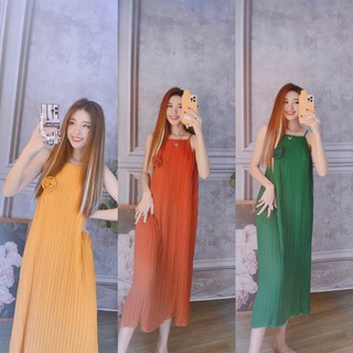 Đầm suông hai dây xếp ly cài hoa, đầm bầu, đầm đi biển + Ảnh thật