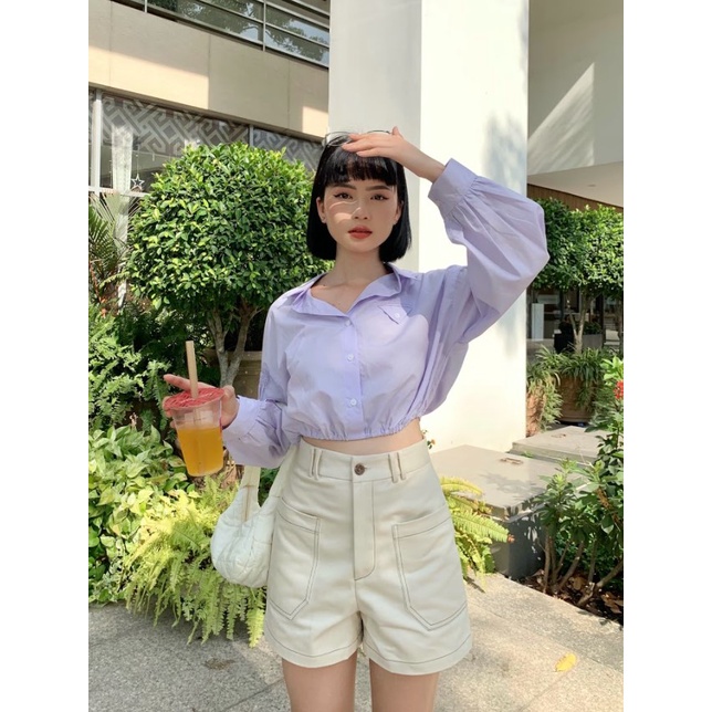 Quần short phối chỉ khác màu 2 túi trước thời trang GAGO màu kem GO3809