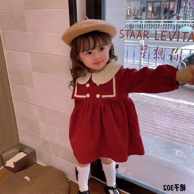 Váy nhung cổ sen phối viền cho bé gái, chất nhung mềm lên dáng chuẩn, mẫu xinh đáng yêu