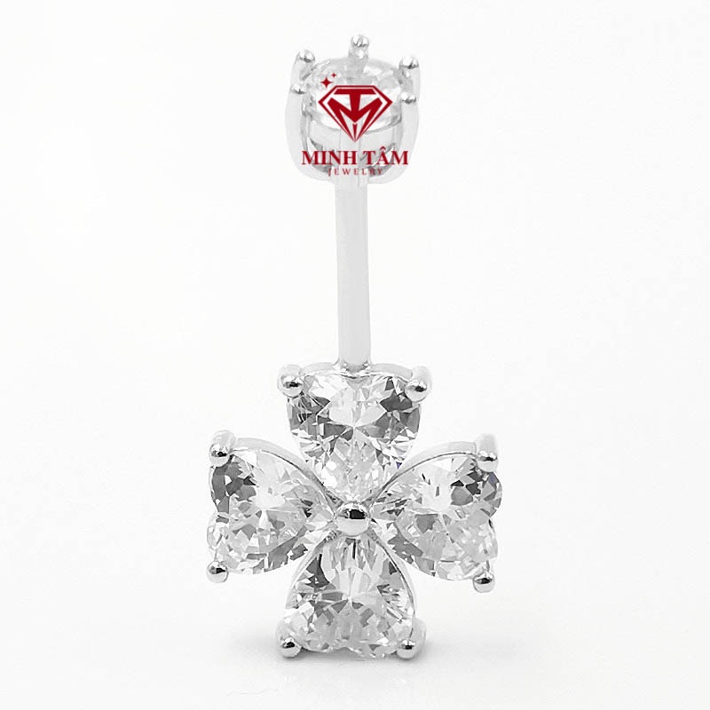 Khuyên rốn bạc 925 cỏ bốn lá may mắn gắn đá Minh Tâm Jewelry