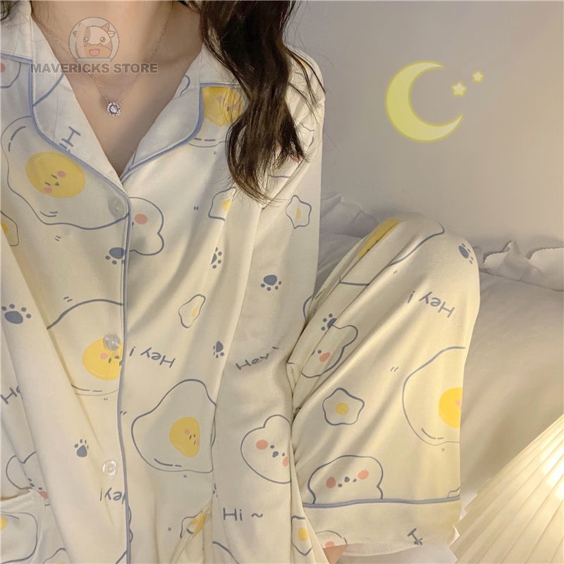 Set đồ ngủ dài tay phong cách Nhật Bản thời trang thu đông cho nữ