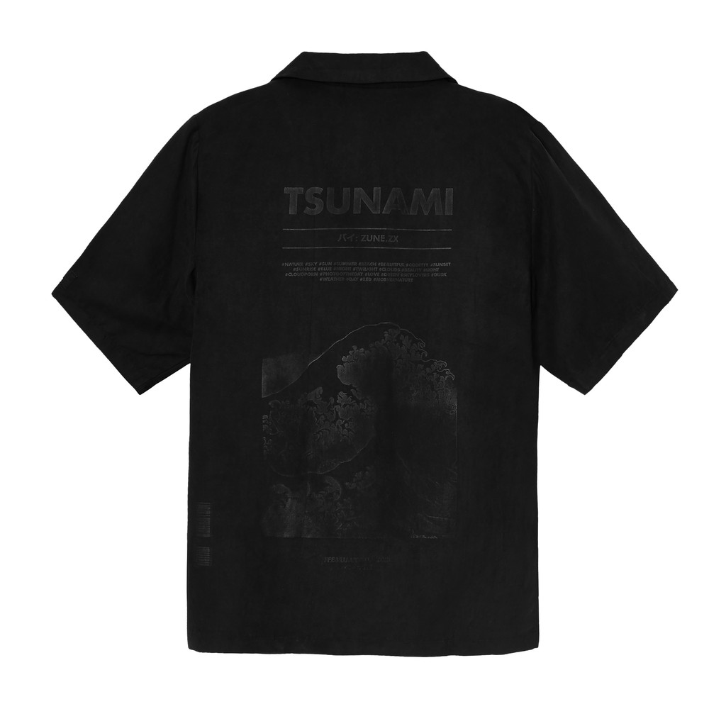 Áo sơ mi unisex Zune.zx tay lỡ đen xám form rộng in hoạ tiết, Tsunami shirt