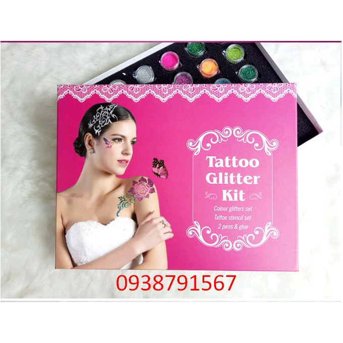 Bộ 24 màu Bột kim tuyến vẽ tattoo nghệ thuật + kèm khuôn vẽ