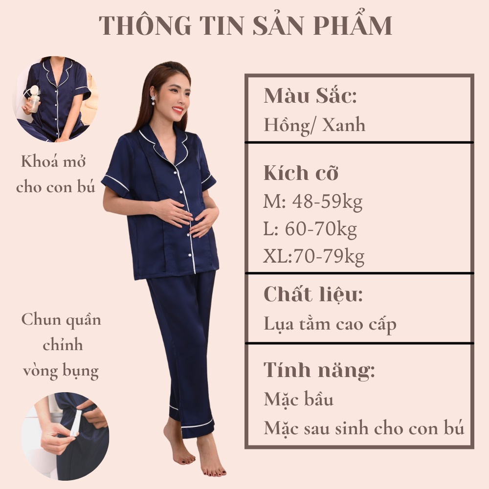 Đồ Bộ Bầu Mặc Nhà Mùa Hè Lụa, Quần Áo Mẹ Bầu Có Khóa Ngực Và Chun Chỉnh Bụng Chất Liệu Lụa Mềm, Mịn Mát Bella Mama Bn8