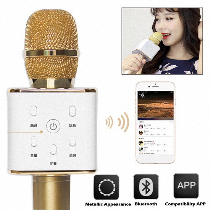 Micro Karaoke Tích Hợp Loa Ngoài Bluetooth Q7 Vàng