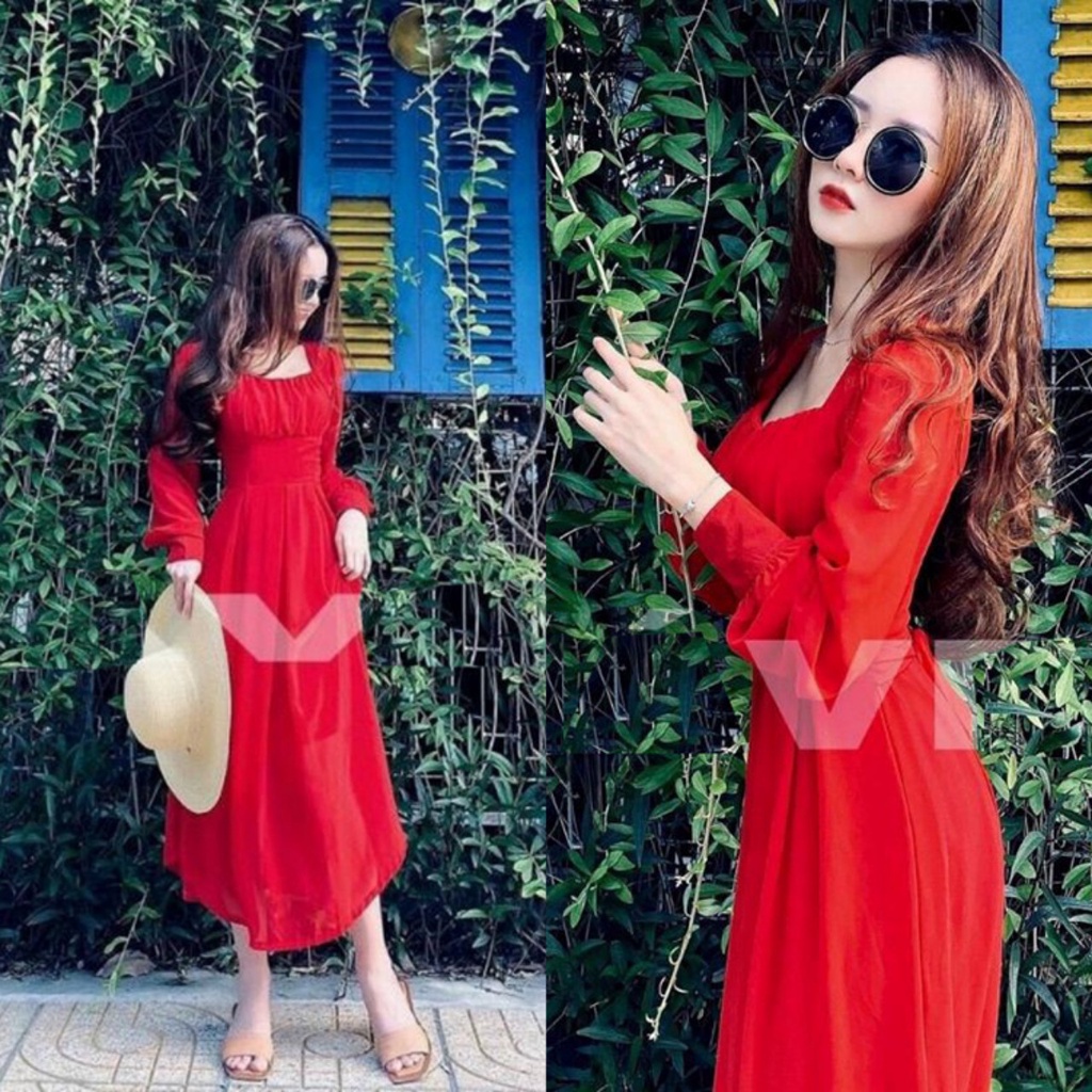 Váy maxi đi biển, Đầm maxi tay dài cổ vuông, đầm nữ đỏ đầm dự tiệc cưới - TM4