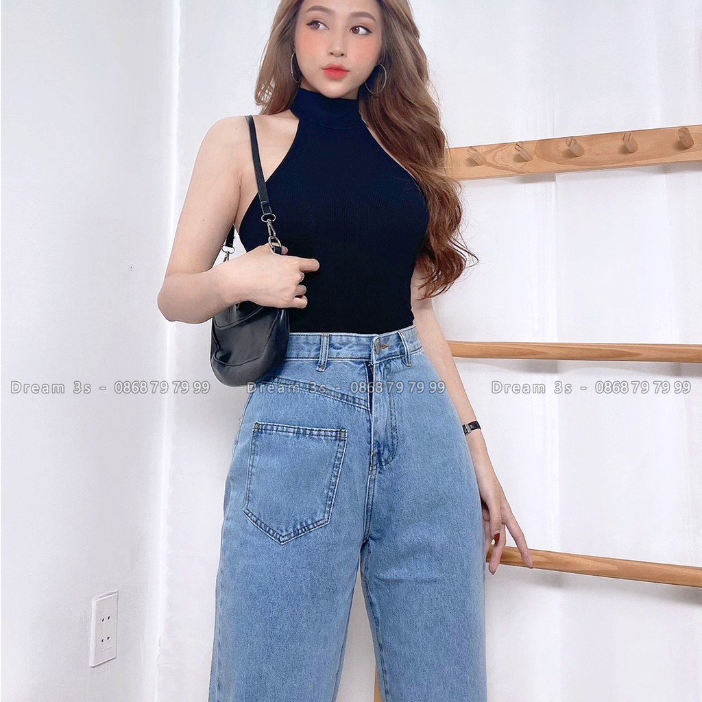 Quần Jean ông rộng dáng suông lưng cao, Jeans thiết kế túi trước phong cách, Quần jeans tôn dáng vải jeans cao cấp D1090