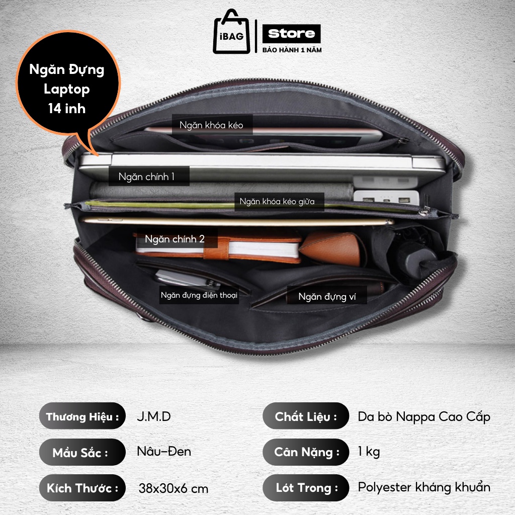 Cặp Văn Phòng - Cặp Da Công Sở Cao Cấp J.M.D ,Chất liệu Da Bò Thật ,Đựng Laptop 14inh,Chống nước,Vệ sinh dễ dàng- 𝑰𝑩𝑨𝑮