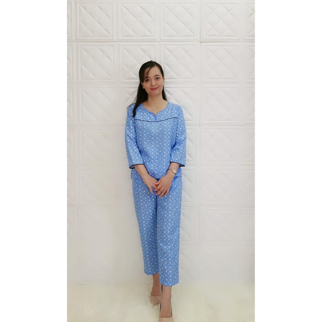 Đồ bộ Pijama quần dài áo phối tay lửng lụa kate họa tiết hoa năm bông