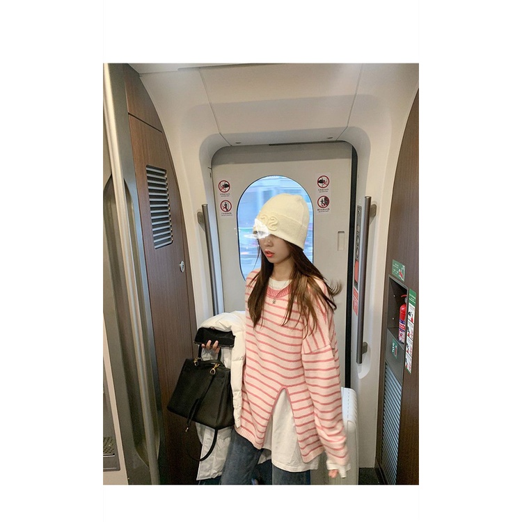 Áo sweater Dệt Kim Cổ Tròn Dáng Rộng Xẻ Tà Họa Tiết Kẻ Sọc Màu Hồng Ngọt Ngào Phong Cách Hàn Quốc