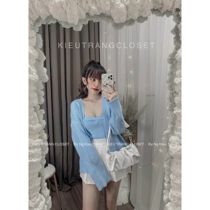 Set áo len lông thỏ áo 2 dây kèm áo khoác trơn màu quảng châu đẹp CS185