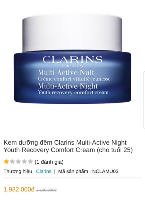 Kem dưỡng đêm Clarins Multi-Active Night Youth Recovery Comfort Cream (cho tuổi 25)