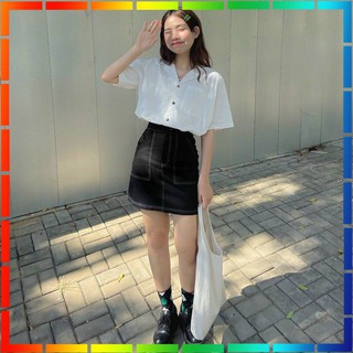 ( ẢNH THẬT ) - SET SƠ MI TRẮNG TAY LỠ KÈM CHÂN VÁY CHỮ A MAY VIỀN CHỈ NỔI CÁ TÍNH PHONG CÁCH INTRO