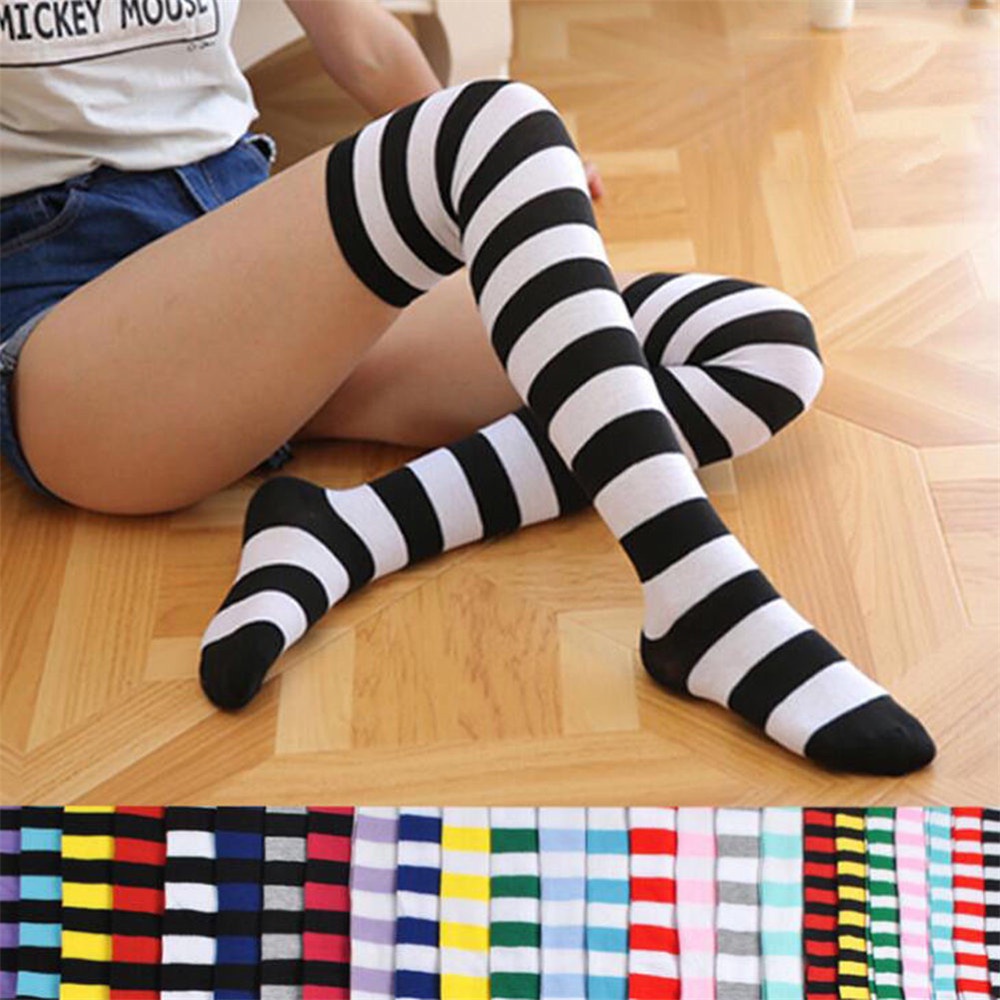 Vớ cotton dài qua gối kẻ sọc ngang 12 màu thời trang cho nữ