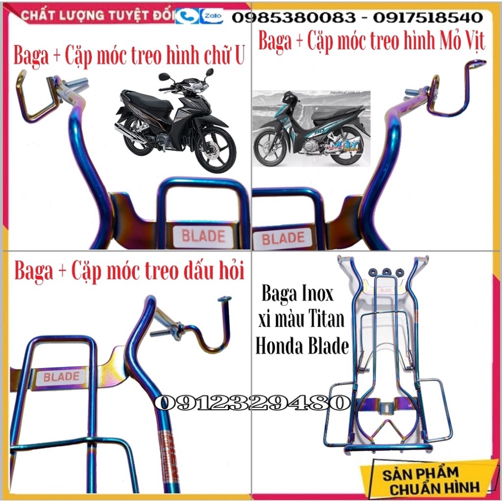 [Baga giữa Blade] Baga Giữa Inox 10 Ly Cao Cấp Xi Màu TiTan Gắn Honda Blade 110 Kết Hợp Cặp Móc Treo Đồ Inox Xi Màu Tita