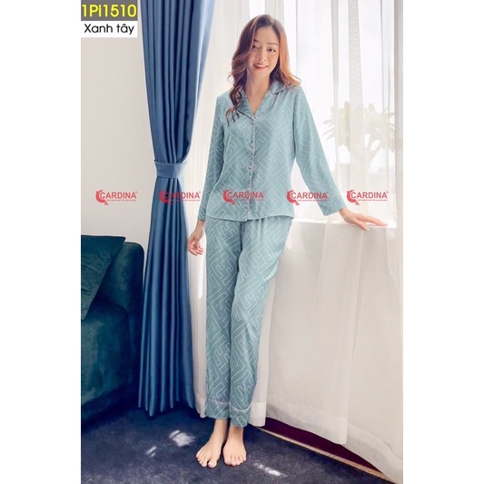 Bộ nữ pijama lụa Satin  Cardina áo dài quần dài cao cấp, hoạ tiết