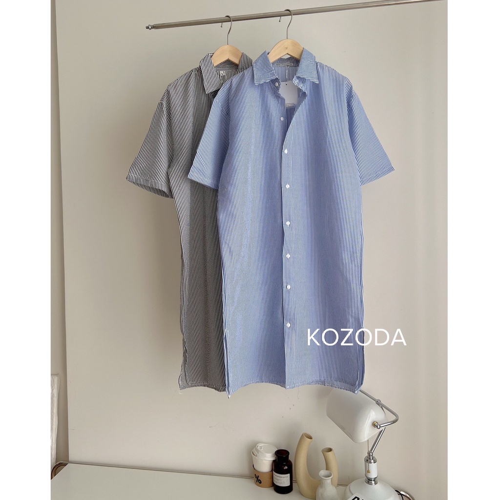 Váy sơ mi nữ form rộng kẻ dáng suông hai màu đen xanh phong cách Hàn Quốc Kozoda D25