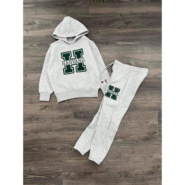 SBT498 - BỘ NỈ HOODIE BÉ TRAI SIZE ĐẠI MÀU GHI THÊU H HARVARD XANH