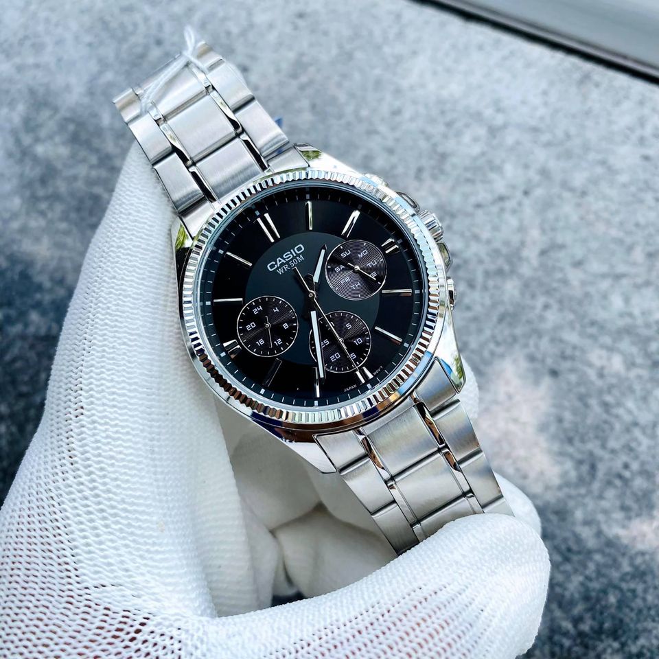 Đồng hồ Nam Casio MTP-1375D-1AV, đồng hồ chính hãng, dây bạc mặt đen kiểu dáng thể thao chạy 6 kim