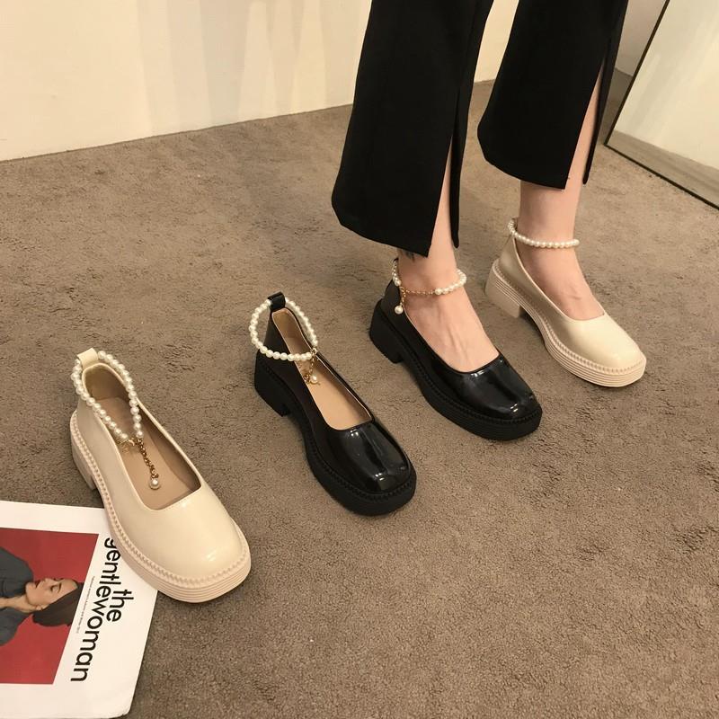 Giày Da Cao Gót Mũi Vuông Đế Dày Đính Hạt Ngọc Trai Phong Cách Anh Quốc Cổ Điển Thời Trang Cho Nữ 2021