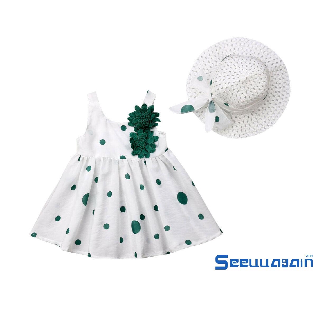 Set đầm chữ A hai dây họa tiết chấm tròn và mũ vành xinh xắn cho bé gái