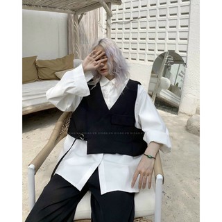 SET SƠ MI NỮ trắng kèm CROPTOP ghile đen