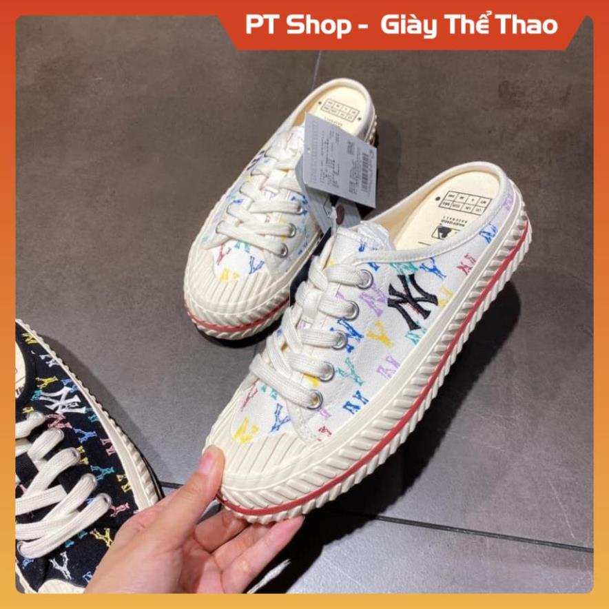 [FreeShip-Hàng Xịn] Giầy MLB NY đen và trắng đạp gót hót trend , Giày MLB sục đen trắng cao cấp full phụ kiện Sneaker
