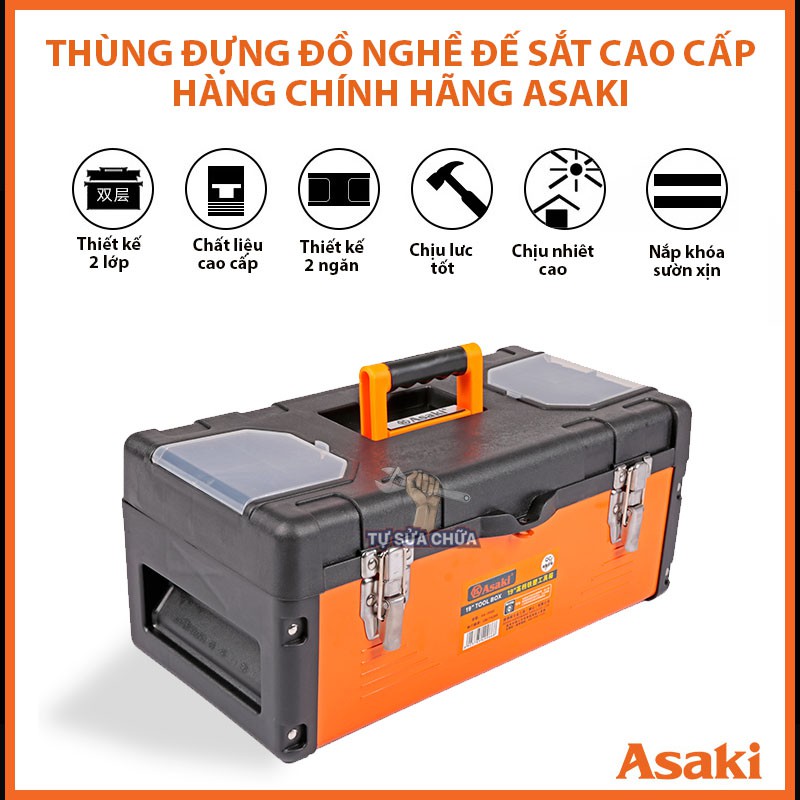 Thùng đựng đồ nghề đế sắt cao cấp chính hãng Asaki siêu bền, 2 ngăn khóa kim loại