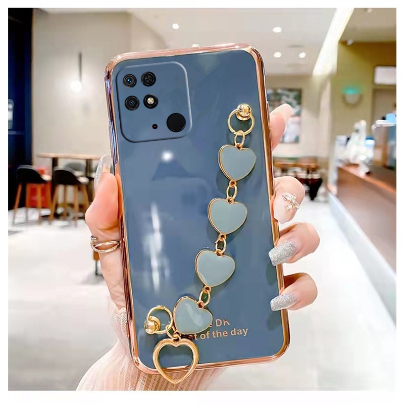 Ốp Điện Thoại Dẻo Mạ 6D Kèm Dây Đeo Tay Hình Trái Tim Cho Xiaomi Redmi 10C Note 11 11S 11T Pro POCO X4 M4 Pro 4G 5G