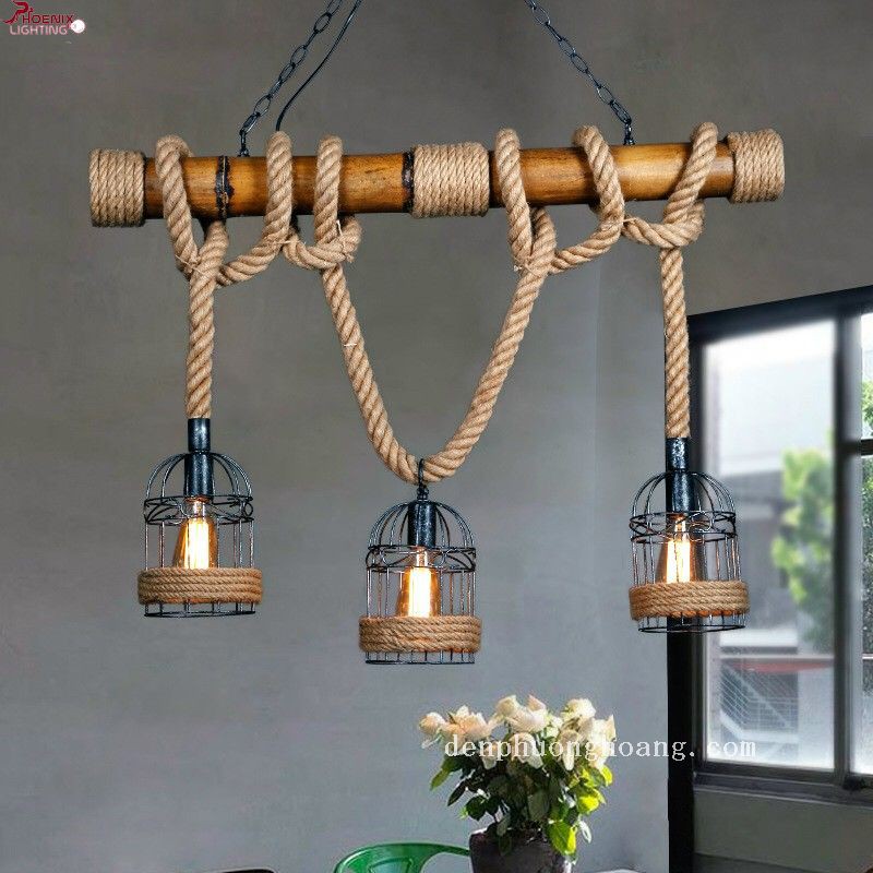 Đèn thả: Mẫu đèn thả trần dây thừng thanh tre độc đáo
