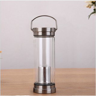 Bình thủy tinh giữ nhiệt 2 lớp 2 đầu kiêm lọc pha trà inox cao cấp có quai xách