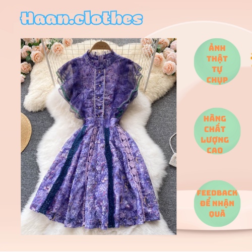 Đầm tay ngắn màu tím đủ size chiết eo tay voan