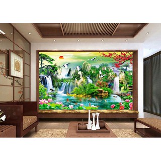 Tranh dán tường 3D thác nước - vải lụa kim tuyến