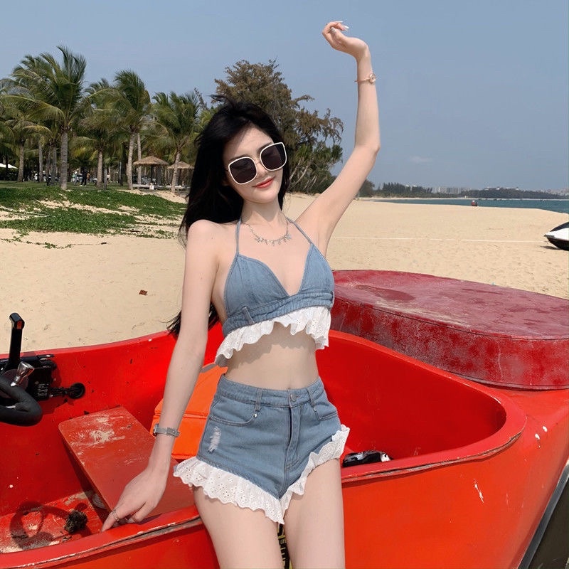 Set Đồ Nữ Đi Biển Quần Short Nữ Ngắn Áo Croptop 2 Mảnh 2 Dây Sexy Trễ Vai Bikini Bộ Đồ Nữ Đi Biển Đi Chơi Mùa Hè SD022