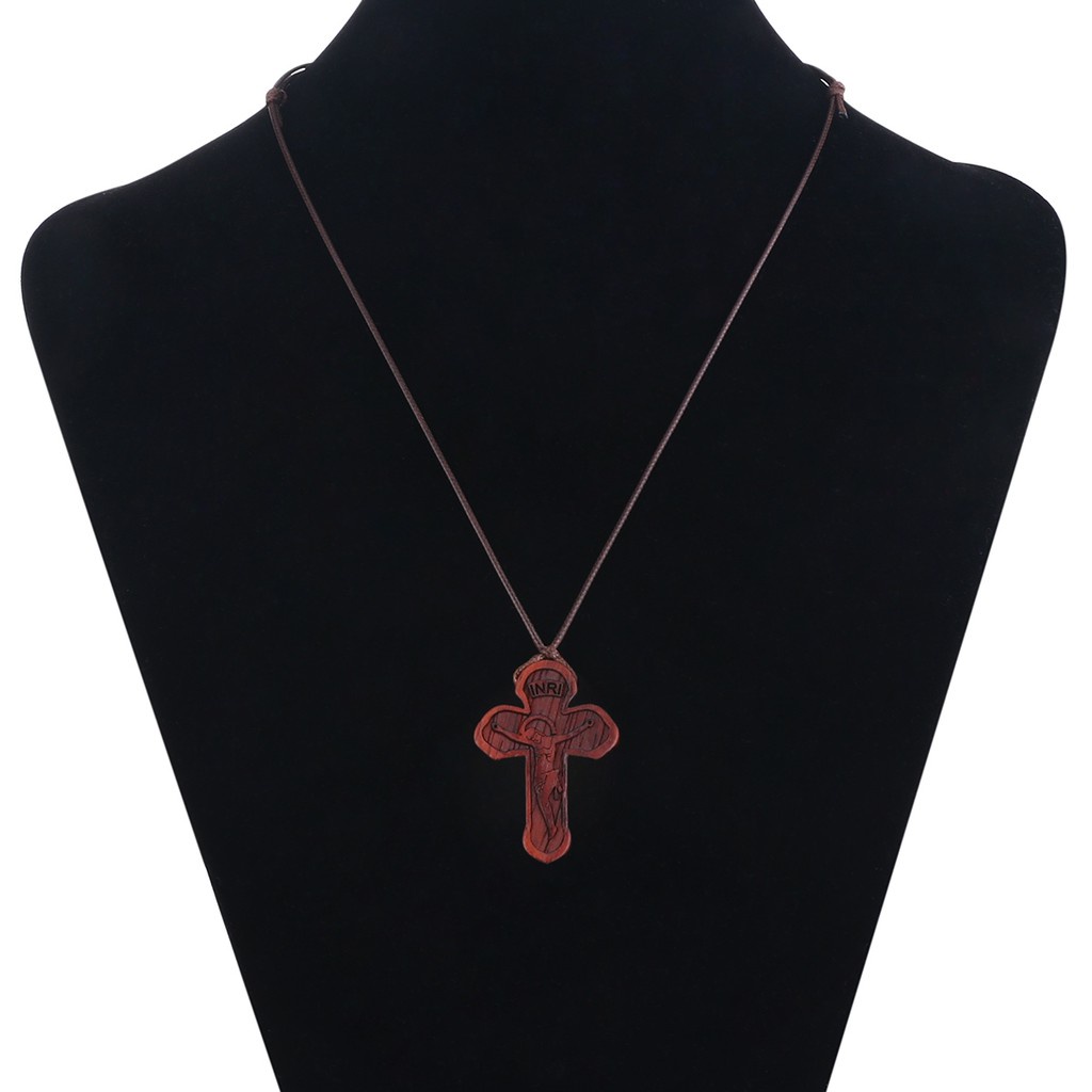 Dây chuyền da mặt gỗ đỏ/ đen hình thánh giá thiết kế thời trang