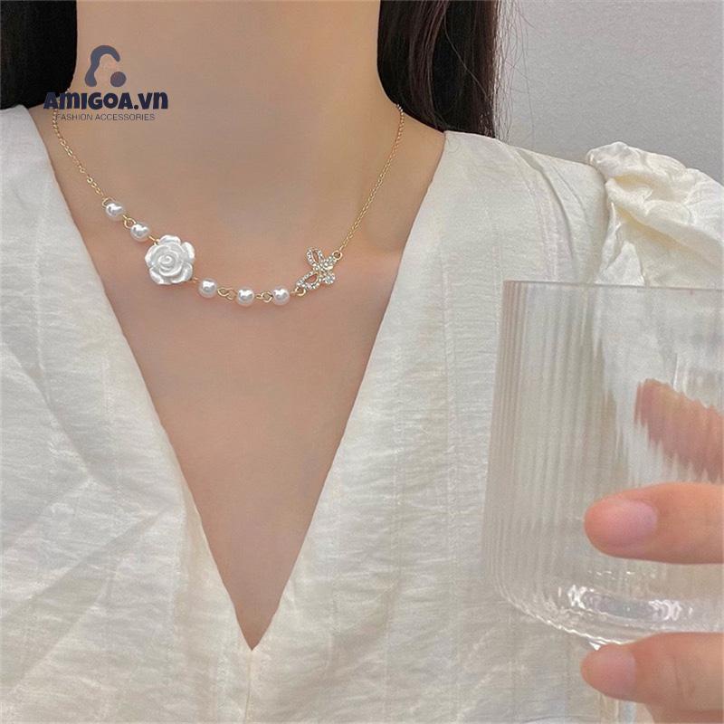 ✨✨Vòng Cổ Mặt Hình Hoa Hồng Đính Ngọc Trai Nhân Tạo Thời Trang Dành Cho Bạn Nữ