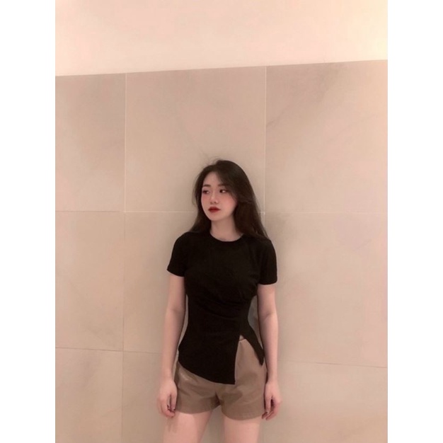 Áo thun nữ tay ngắn vạt chéo rúm xẻ sườn cực xinh,áo thun cổ tròn ôm body tôn dáng chất thun mát vải đẹp
