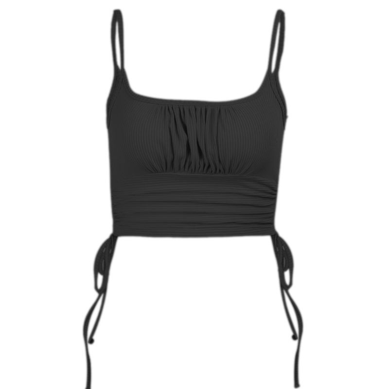 Xiangbao Áo Crop Top Hai Dây Xếp Ly Ôm Dáng Màu Trơn Có Gân Dây Rút Bên Hông Gợi Cảm Cho Nữ