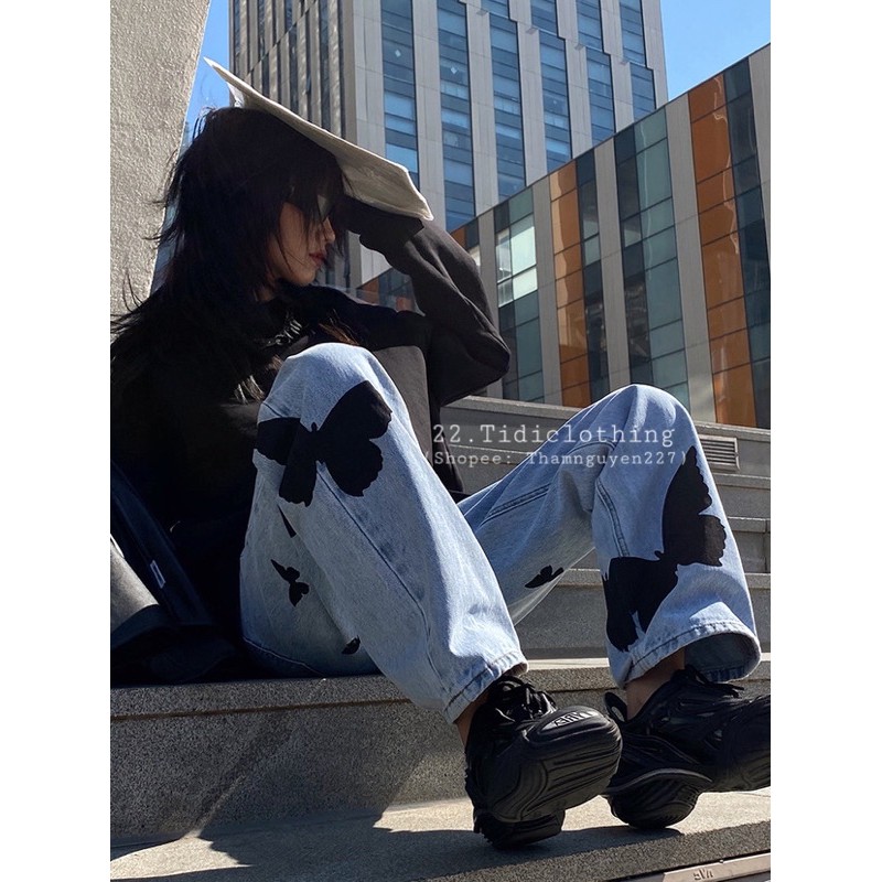 Quần ống rộng in hình bướm có size bigsize bigsize order taobao qc / quần bò ống suông ulzzang