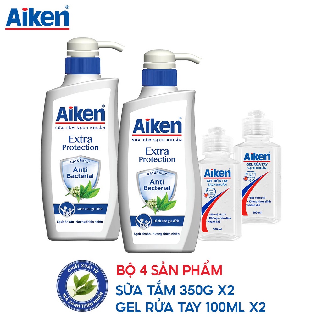 Bộ 4 sản phẩm Aiken sạch khuẩn: 2 sữa tắm trà xanh 350g + 2 gel rửa tay 100ml