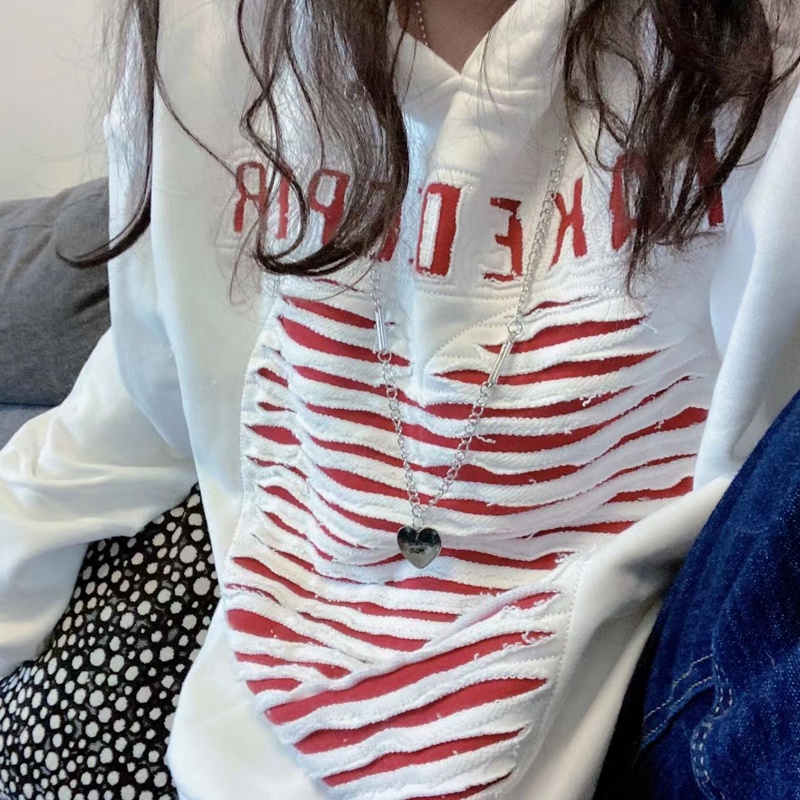 【ZHELIHANGFEI】Áo Hoodie Rách Trái Tim Form Rộng Theo Phong Cách Preppy Dễ Phối Đồ