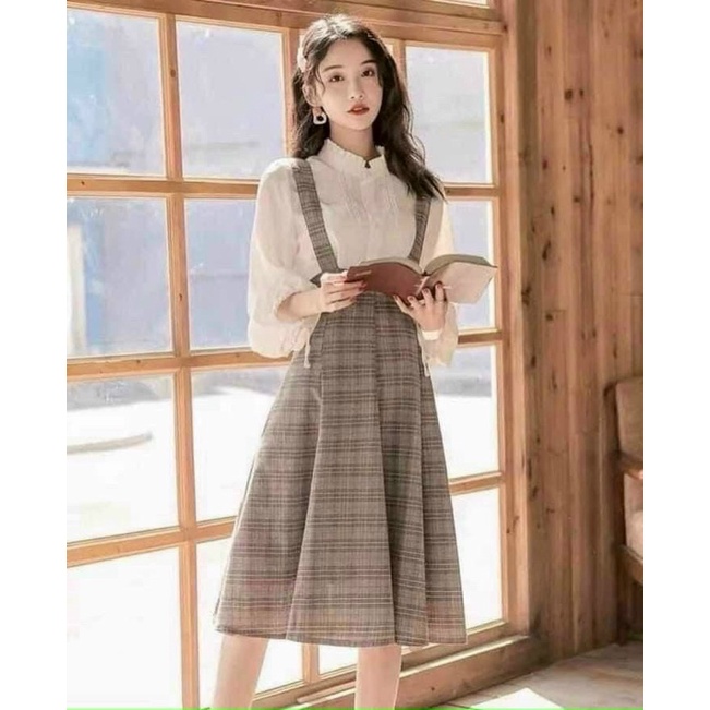 💚 SET YẾM CARO ĐAN DÂY LƯNG + ÁO SƠ MI CỔ BÈO TAY BỒNG 💚